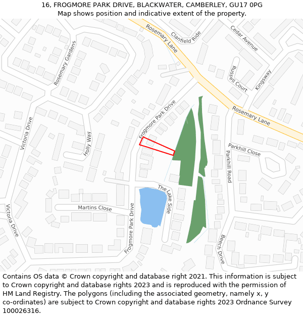 16, FROGMORE PARK DRIVE, BLACKWATER, CAMBERLEY, GU17 0PG: Location map and indicative extent of plot