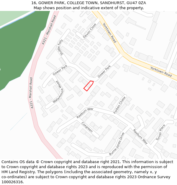 16, GOWER PARK, COLLEGE TOWN, SANDHURST, GU47 0ZA: Location map and indicative extent of plot