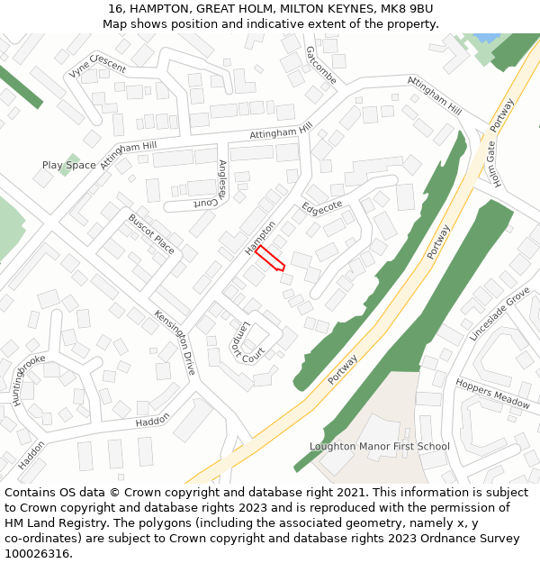 16, HAMPTON, GREAT HOLM, MILTON KEYNES, MK8 9BU: Location map and indicative extent of plot