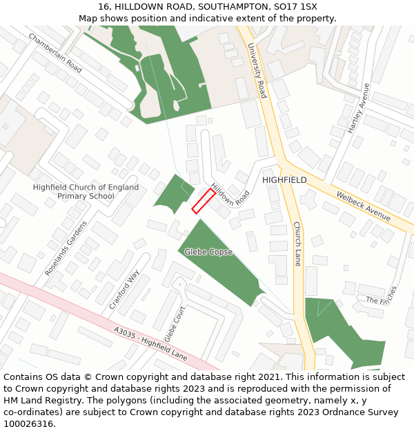 16, HILLDOWN ROAD, SOUTHAMPTON, SO17 1SX: Location map and indicative extent of plot