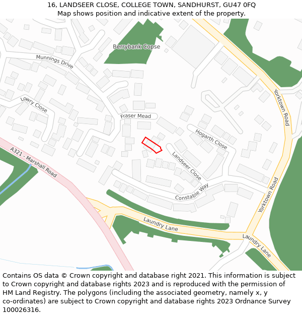 16, LANDSEER CLOSE, COLLEGE TOWN, SANDHURST, GU47 0FQ: Location map and indicative extent of plot