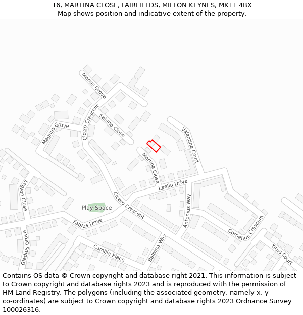 16, MARTINA CLOSE, FAIRFIELDS, MILTON KEYNES, MK11 4BX: Location map and indicative extent of plot