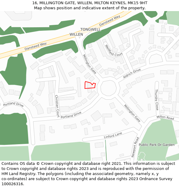 16, MILLINGTON GATE, WILLEN, MILTON KEYNES, MK15 9HT: Location map and indicative extent of plot