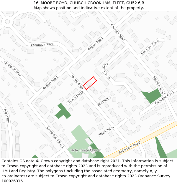 16, MOORE ROAD, CHURCH CROOKHAM, FLEET, GU52 6JB: Location map and indicative extent of plot