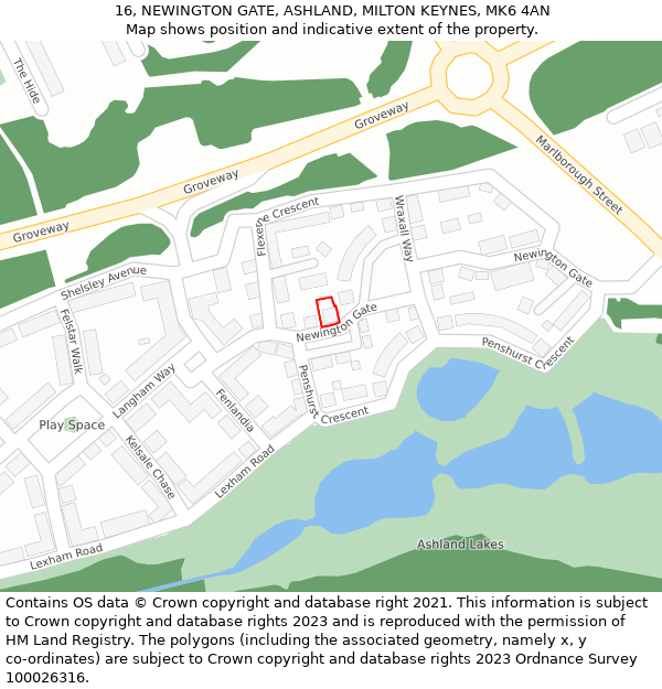 16, NEWINGTON GATE, ASHLAND, MILTON KEYNES, MK6 4AN: Location map and indicative extent of plot
