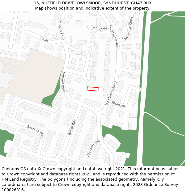 16, NUFFIELD DRIVE, OWLSMOOR, SANDHURST, GU47 0UX: Location map and indicative extent of plot