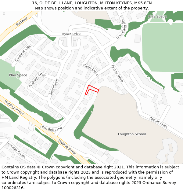 16, OLDE BELL LANE, LOUGHTON, MILTON KEYNES, MK5 8EN: Location map and indicative extent of plot