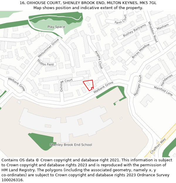 16, OXHOUSE COURT, SHENLEY BROOK END, MILTON KEYNES, MK5 7GL: Location map and indicative extent of plot