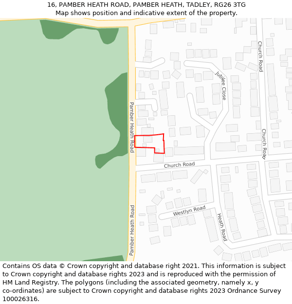 16, PAMBER HEATH ROAD, PAMBER HEATH, TADLEY, RG26 3TG: Location map and indicative extent of plot