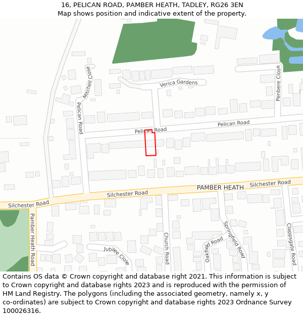 16, PELICAN ROAD, PAMBER HEATH, TADLEY, RG26 3EN: Location map and indicative extent of plot