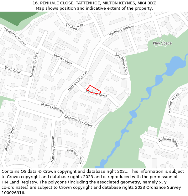 16, PENHALE CLOSE, TATTENHOE, MILTON KEYNES, MK4 3DZ: Location map and indicative extent of plot