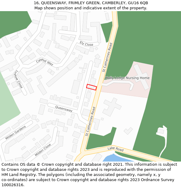 16, QUEENSWAY, FRIMLEY GREEN, CAMBERLEY, GU16 6QB: Location map and indicative extent of plot