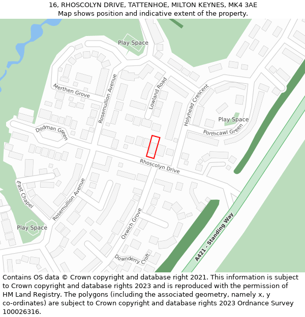 16, RHOSCOLYN DRIVE, TATTENHOE, MILTON KEYNES, MK4 3AE: Location map and indicative extent of plot