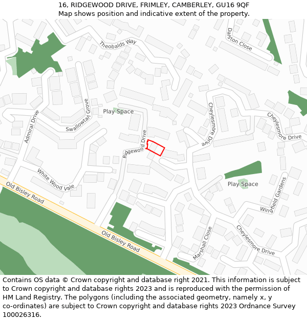 16, RIDGEWOOD DRIVE, FRIMLEY, CAMBERLEY, GU16 9QF: Location map and indicative extent of plot