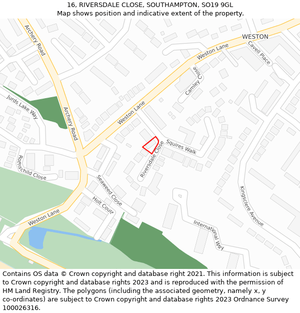 16, RIVERSDALE CLOSE, SOUTHAMPTON, SO19 9GL: Location map and indicative extent of plot