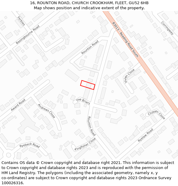 16, ROUNTON ROAD, CHURCH CROOKHAM, FLEET, GU52 6HB: Location map and indicative extent of plot