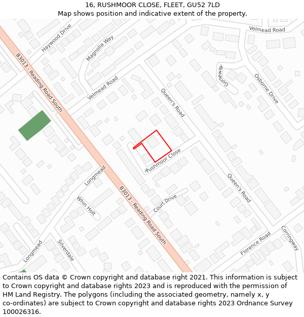 16, RUSHMOOR CLOSE, FLEET, GU52 7LD: Location map and indicative extent of plot