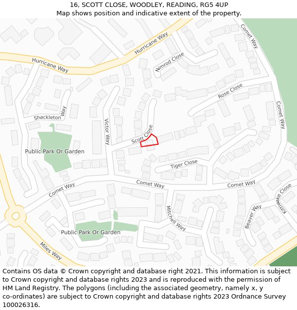 16, SCOTT CLOSE, WOODLEY, READING, RG5 4UP: Location map and indicative extent of plot