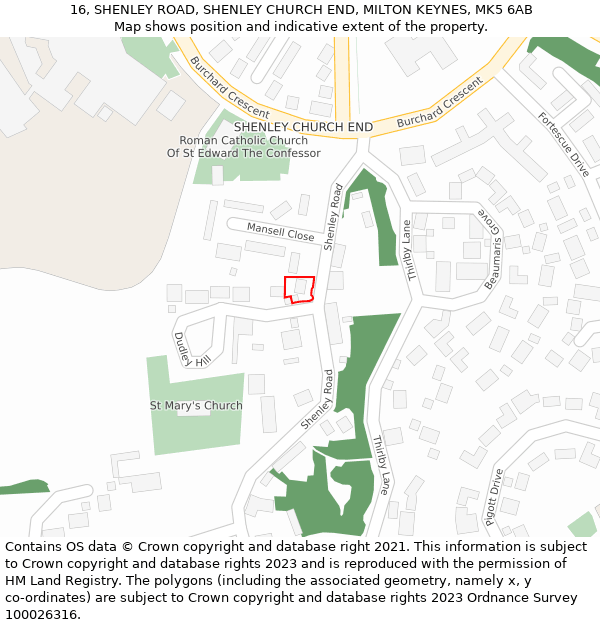 16, SHENLEY ROAD, SHENLEY CHURCH END, MILTON KEYNES, MK5 6AB: Location map and indicative extent of plot