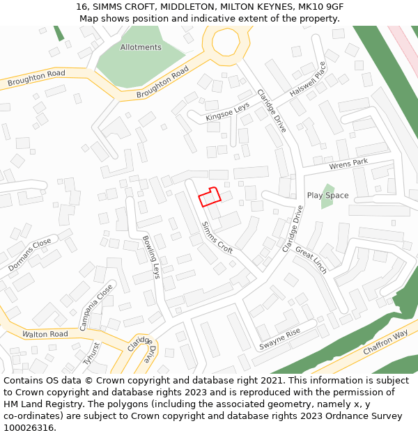 16, SIMMS CROFT, MIDDLETON, MILTON KEYNES, MK10 9GF: Location map and indicative extent of plot