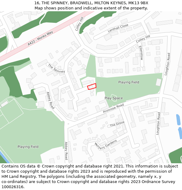 16, THE SPINNEY, BRADWELL, MILTON KEYNES, MK13 9BX: Location map and indicative extent of plot