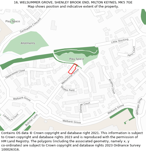 16, WELSUMMER GROVE, SHENLEY BROOK END, MILTON KEYNES, MK5 7GE: Location map and indicative extent of plot