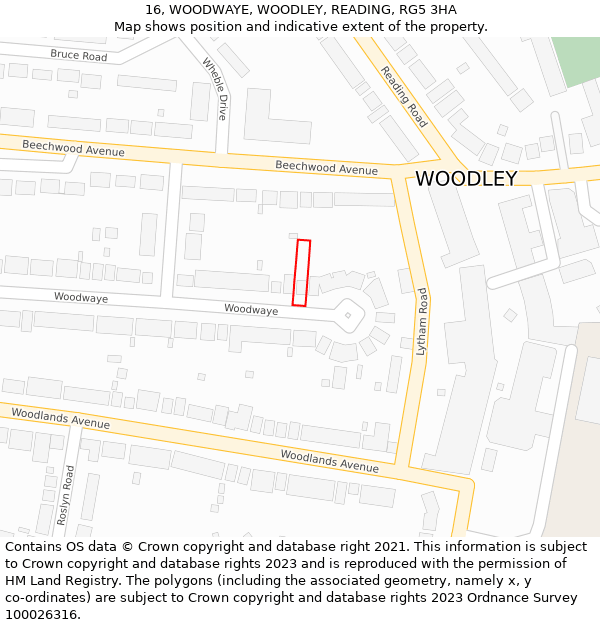 16, WOODWAYE, WOODLEY, READING, RG5 3HA: Location map and indicative extent of plot