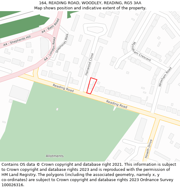 164, READING ROAD, WOODLEY, READING, RG5 3AA: Location map and indicative extent of plot