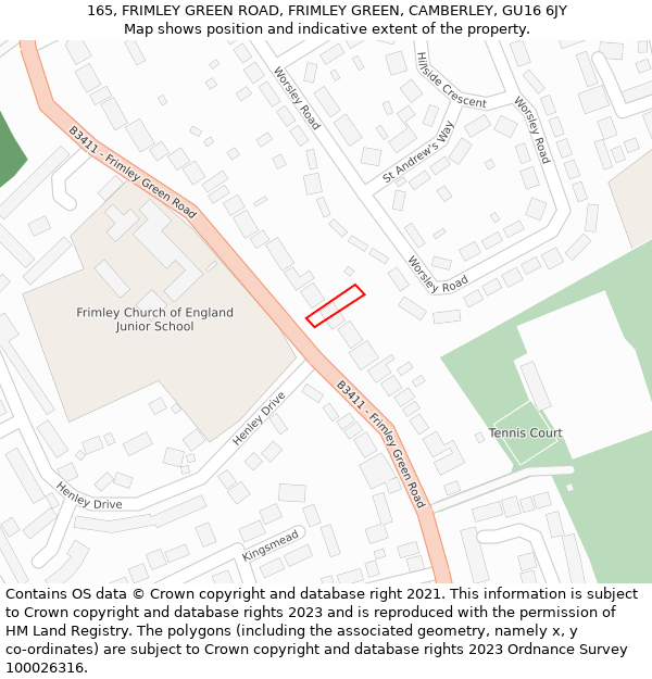 165, FRIMLEY GREEN ROAD, FRIMLEY GREEN, CAMBERLEY, GU16 6JY: Location map and indicative extent of plot