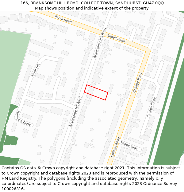 166, BRANKSOME HILL ROAD, COLLEGE TOWN, SANDHURST, GU47 0QQ: Location map and indicative extent of plot
