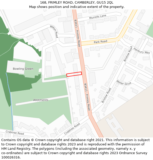 168, FRIMLEY ROAD, CAMBERLEY, GU15 2QL: Location map and indicative extent of plot