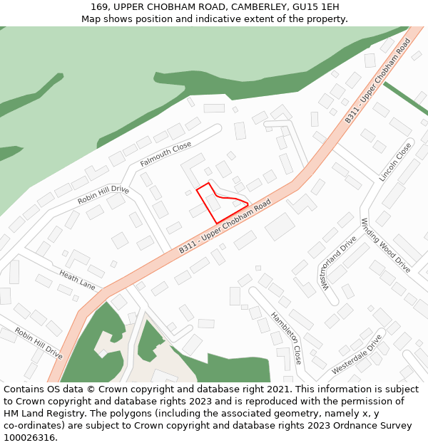 169, UPPER CHOBHAM ROAD, CAMBERLEY, GU15 1EH: Location map and indicative extent of plot