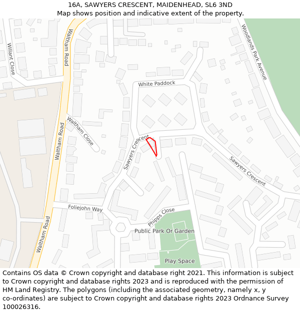 16A, SAWYERS CRESCENT, MAIDENHEAD, SL6 3ND: Location map and indicative extent of plot