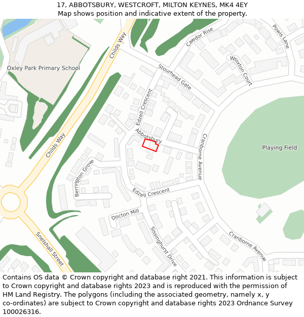 17, ABBOTSBURY, WESTCROFT, MILTON KEYNES, MK4 4EY: Location map and indicative extent of plot