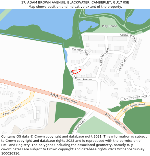 17, ADAM BROWN AVENUE, BLACKWATER, CAMBERLEY, GU17 0SE: Location map and indicative extent of plot