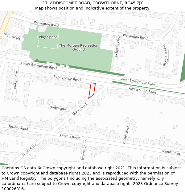 17, ADDISCOMBE ROAD, CROWTHORNE, RG45 7JY: Location map and indicative extent of plot