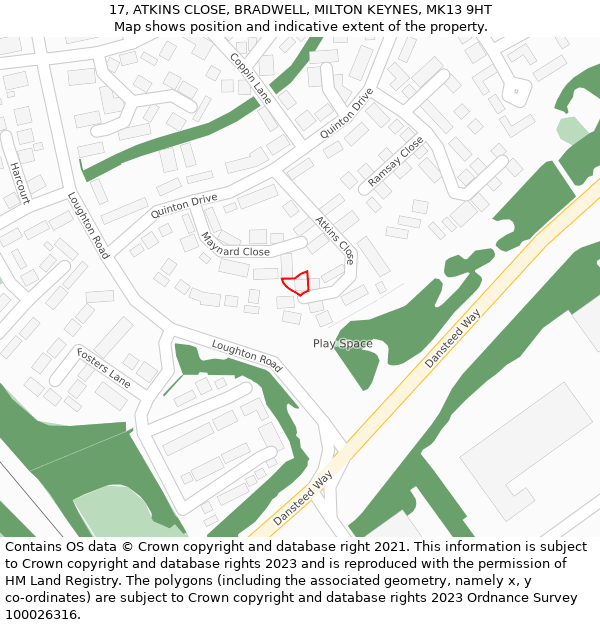 17, ATKINS CLOSE, BRADWELL, MILTON KEYNES, MK13 9HT: Location map and indicative extent of plot