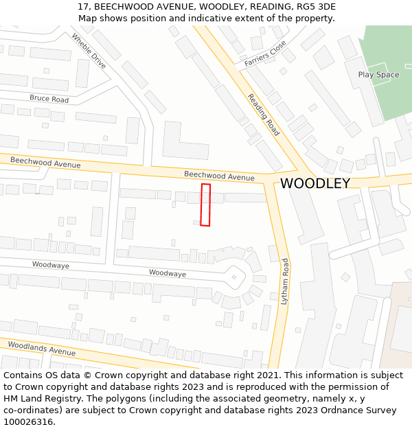 17, BEECHWOOD AVENUE, WOODLEY, READING, RG5 3DE: Location map and indicative extent of plot