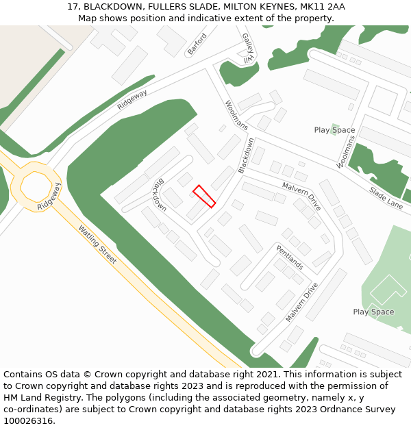 17, BLACKDOWN, FULLERS SLADE, MILTON KEYNES, MK11 2AA: Location map and indicative extent of plot