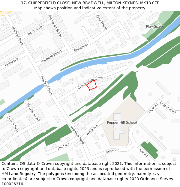 17, CHIPPERFIELD CLOSE, NEW BRADWELL, MILTON KEYNES, MK13 0EP: Location map and indicative extent of plot