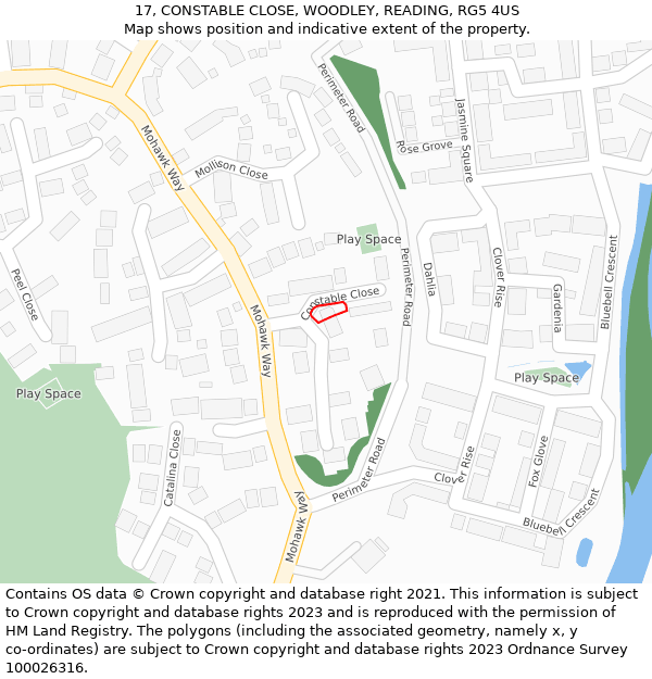 17, CONSTABLE CLOSE, WOODLEY, READING, RG5 4US: Location map and indicative extent of plot