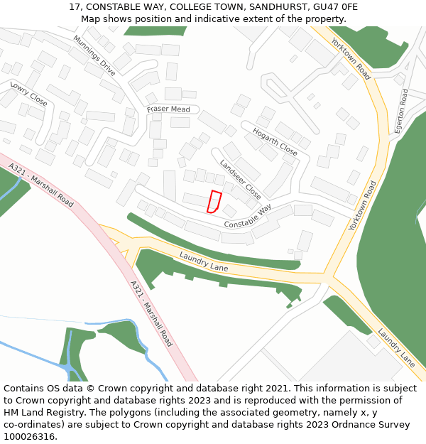 17, CONSTABLE WAY, COLLEGE TOWN, SANDHURST, GU47 0FE: Location map and indicative extent of plot