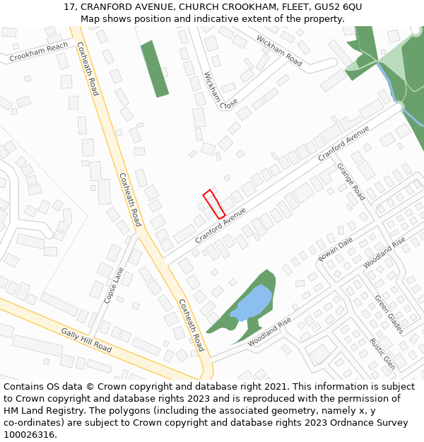 17, CRANFORD AVENUE, CHURCH CROOKHAM, FLEET, GU52 6QU: Location map and indicative extent of plot