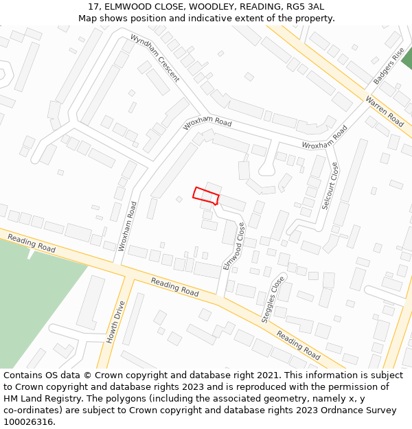 17, ELMWOOD CLOSE, WOODLEY, READING, RG5 3AL: Location map and indicative extent of plot