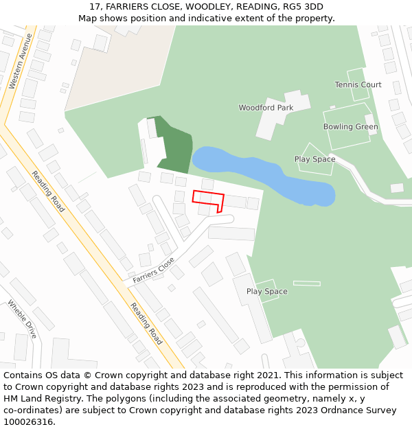 17, FARRIERS CLOSE, WOODLEY, READING, RG5 3DD: Location map and indicative extent of plot