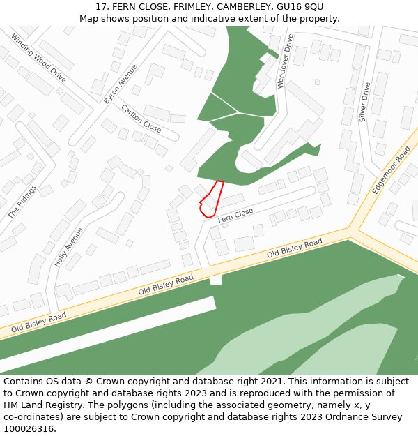 17, FERN CLOSE, FRIMLEY, CAMBERLEY, GU16 9QU: Location map and indicative extent of plot