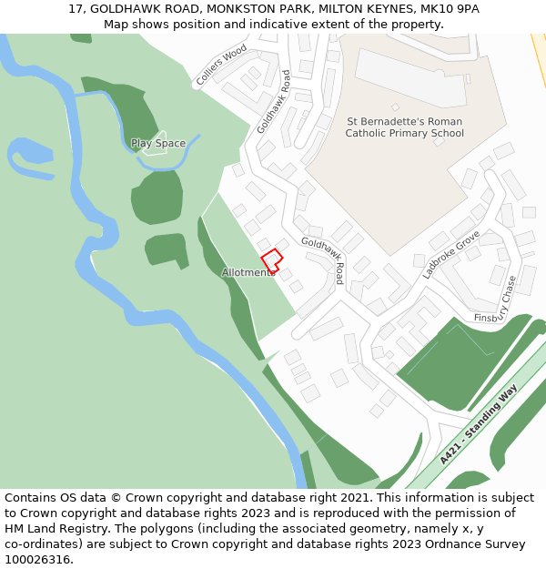 17, GOLDHAWK ROAD, MONKSTON PARK, MILTON KEYNES, MK10 9PA: Location map and indicative extent of plot