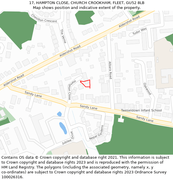 17, HAMPTON CLOSE, CHURCH CROOKHAM, FLEET, GU52 8LB: Location map and indicative extent of plot