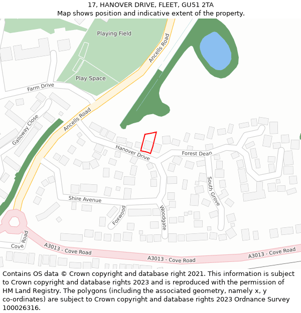 17, HANOVER DRIVE, FLEET, GU51 2TA: Location map and indicative extent of plot