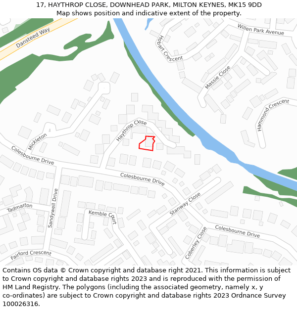 17, HAYTHROP CLOSE, DOWNHEAD PARK, MILTON KEYNES, MK15 9DD: Location map and indicative extent of plot